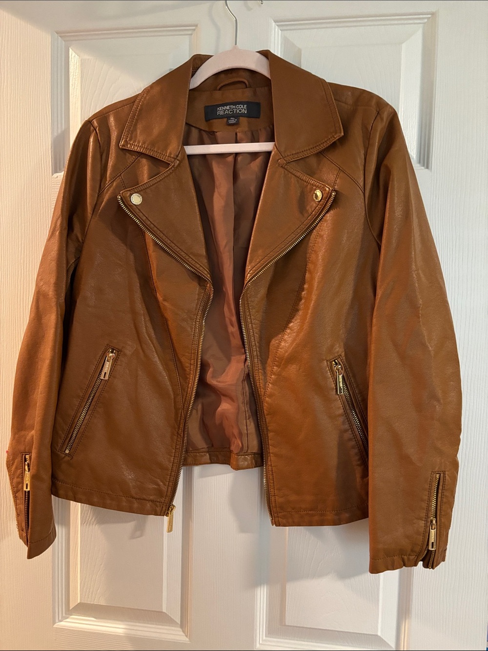 Kenneth Cole Reaction Cognac Faux Leather Moto Jacket